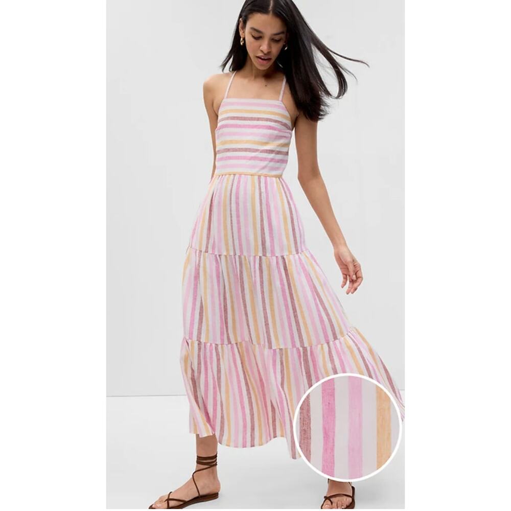 NWT GAP Linen-Blend Tie-Back Tiered Maxi Dress Size XS Petite